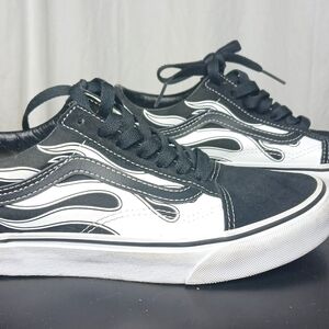 Boys 4.0 Women's 5.5 Vans Old Skool Flame Shoes Black White Skate Sneakers Shoes